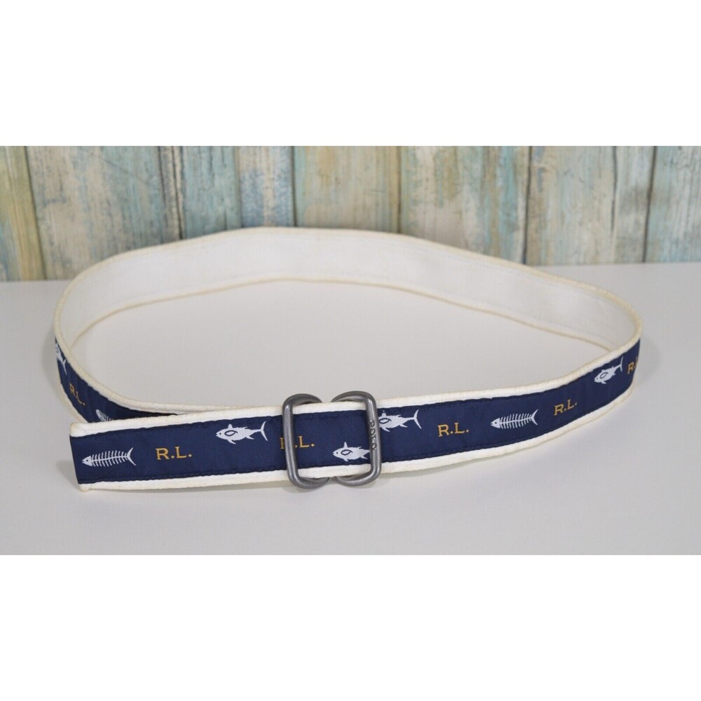 Ralph Lauren Polo Youth Belt Sharks Fish Bones Ribbon Double D Ring 33" - Picture 1 of 5